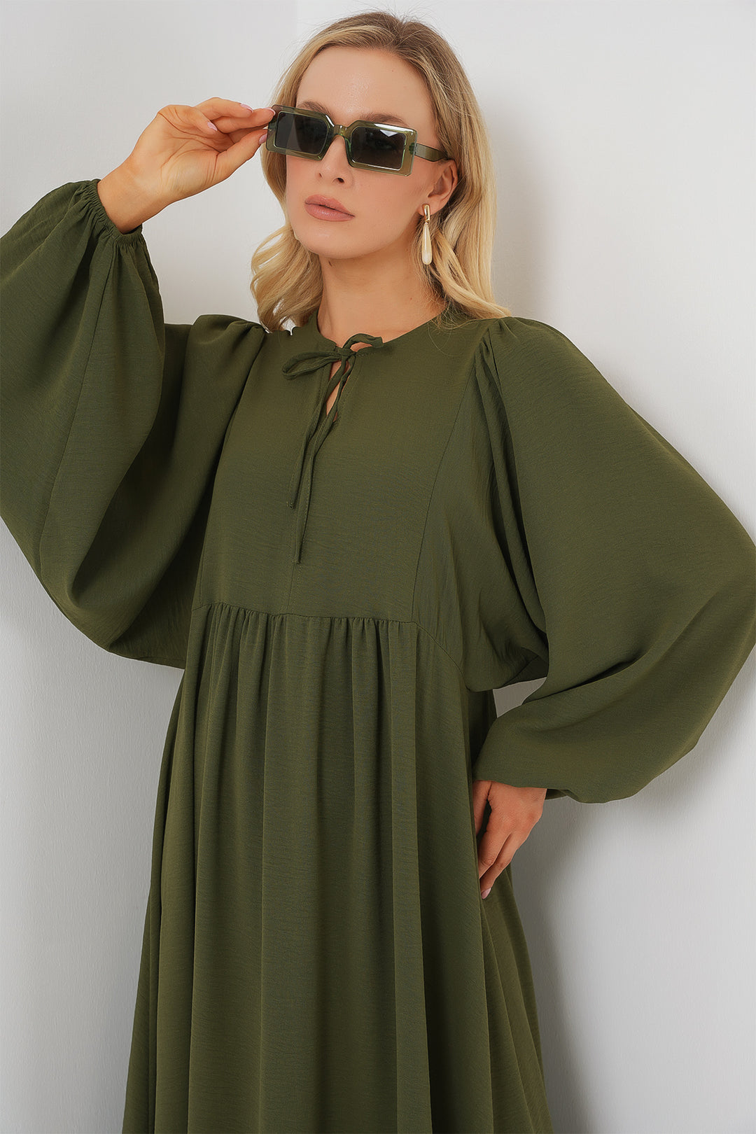 Bigdart Femme Robe Modeste Longue à Manches Bouffantes 2464 - Kaki