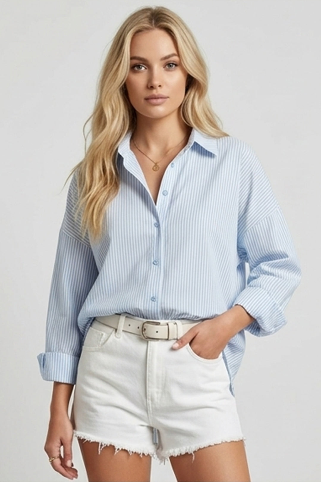 Bigdart Chemise Basique Longue Oversize Rayée Noir et Bleu Bébé 3900 - bebe Bleu