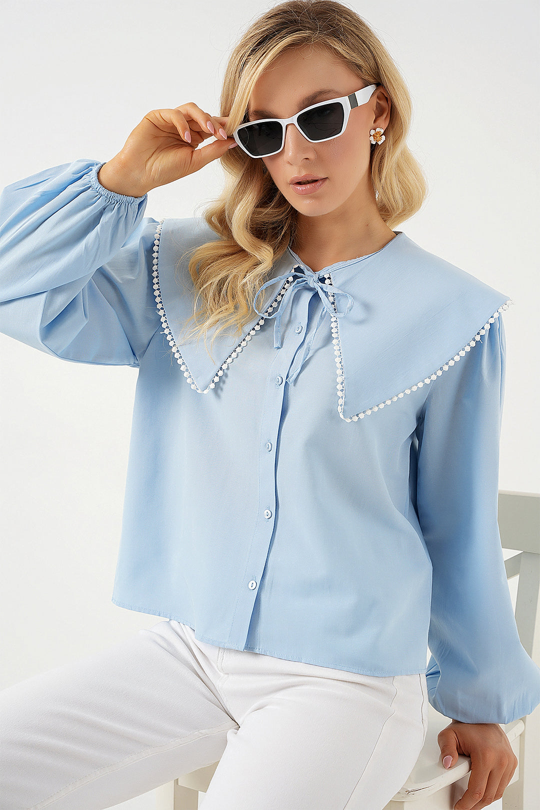 Bigdart Chemisier à col bébé pour femme 20314 - Bleu