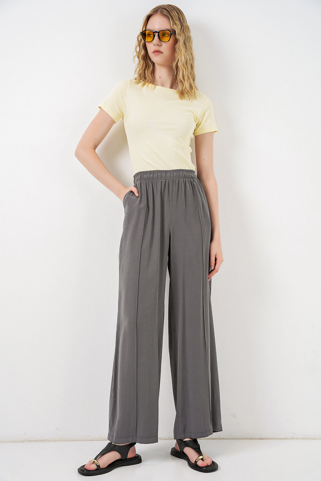 Bigdart Pantalon large à taille élastique femme 30087 - Anthracite