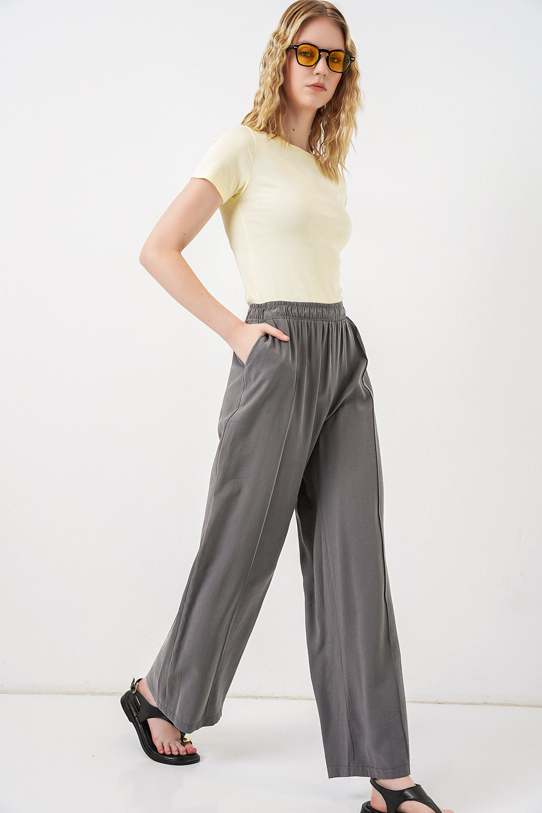 Bigdart Pantalon large à taille élastique femme 30087 - Anthracite