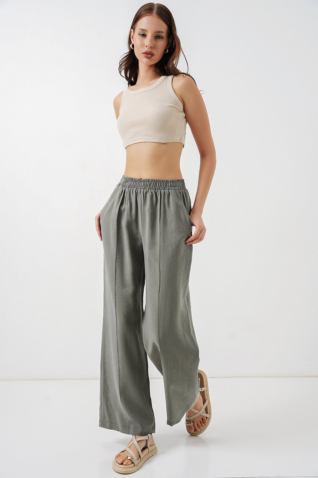 Bigdart Pantalon large à taille élastique pour femme 30087 - Gris