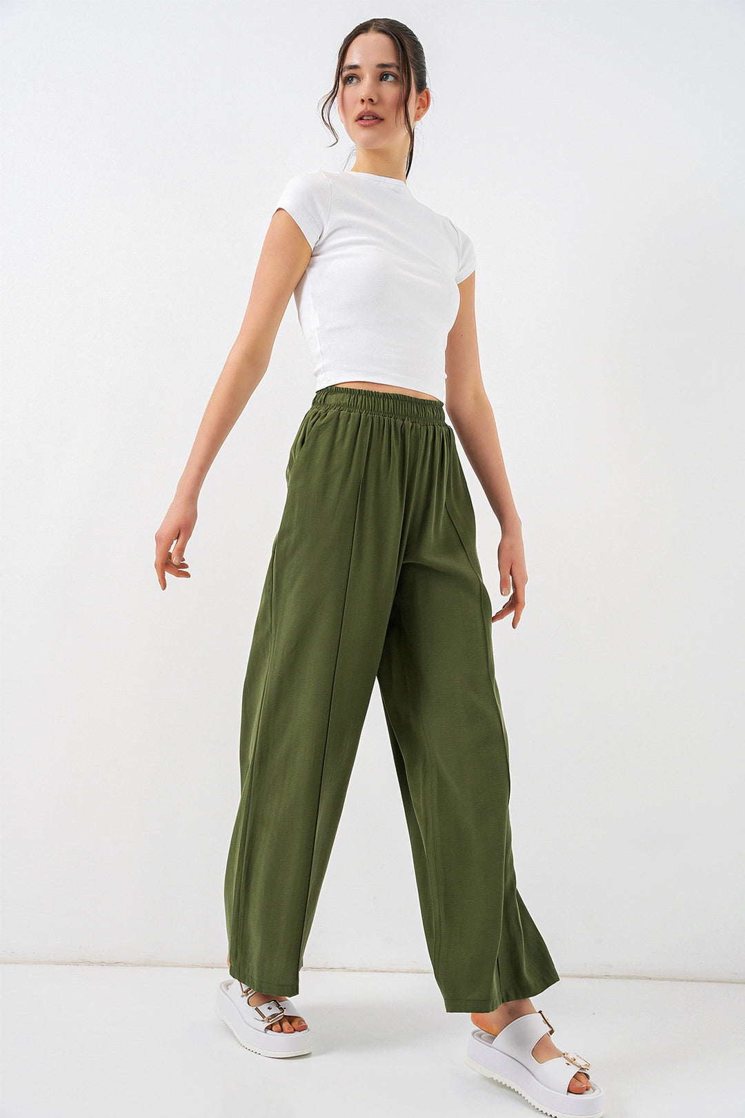 Bigdart Pantalon large à taille élastique femme 30087 - Kaki