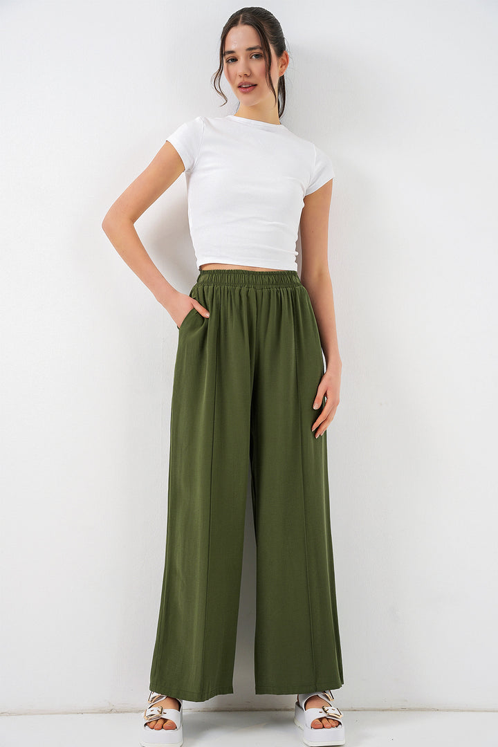 Bigdart Pantalon large à taille élastique femme 30087 - Kaki