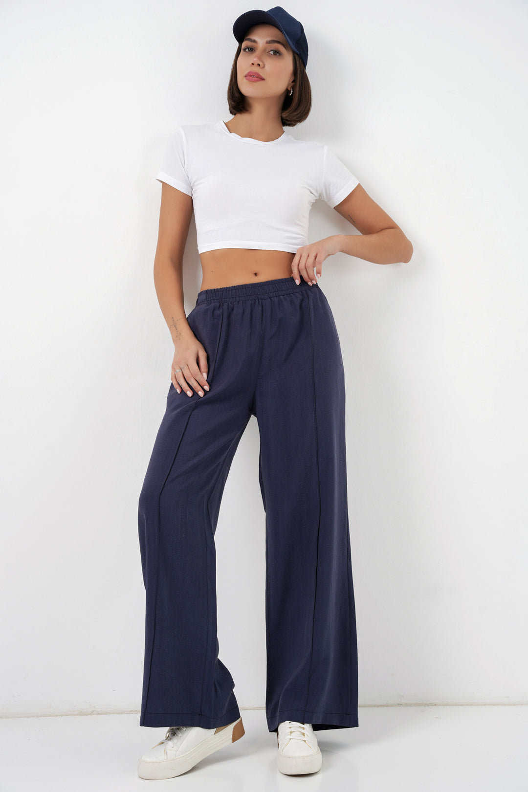 Bigdart Pantalon large à taille élastique pour femme 30087 - Bleu marine