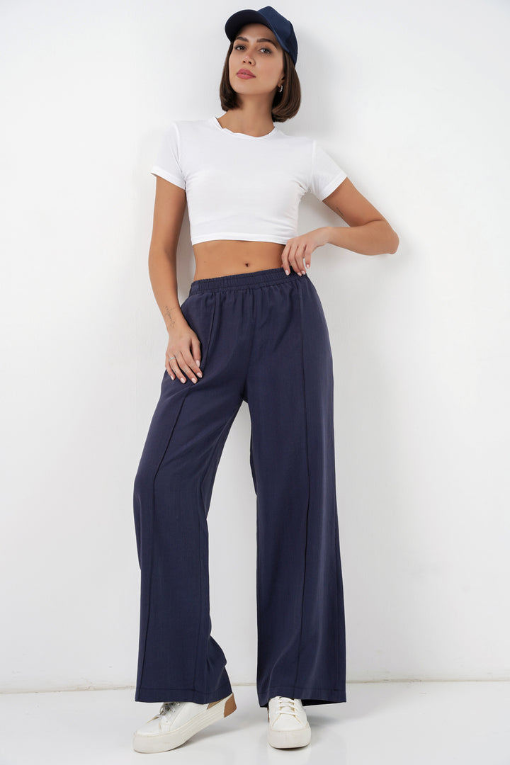 Bigdart Pantalon large à taille élastique pour femme 30087 - Bleu marine