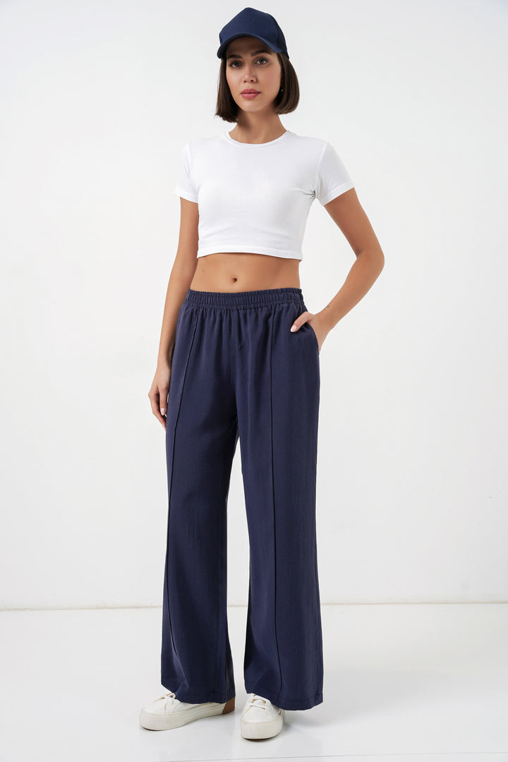 Bigdart Pantalon large à taille élastique pour femme 30087 - Bleu marine