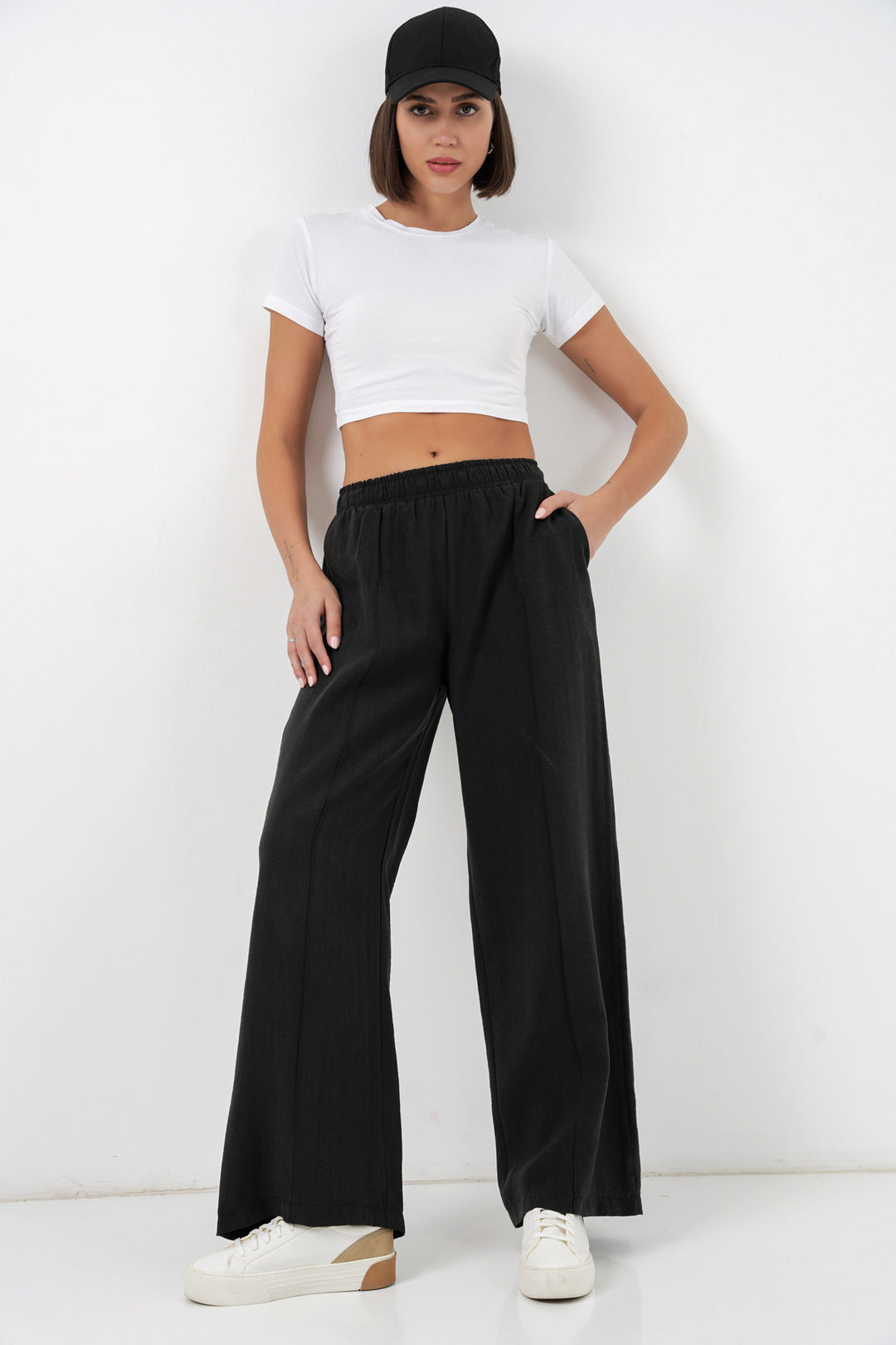 Bigdart Pantalon large à taille élastique pour femme 30087 - Noir