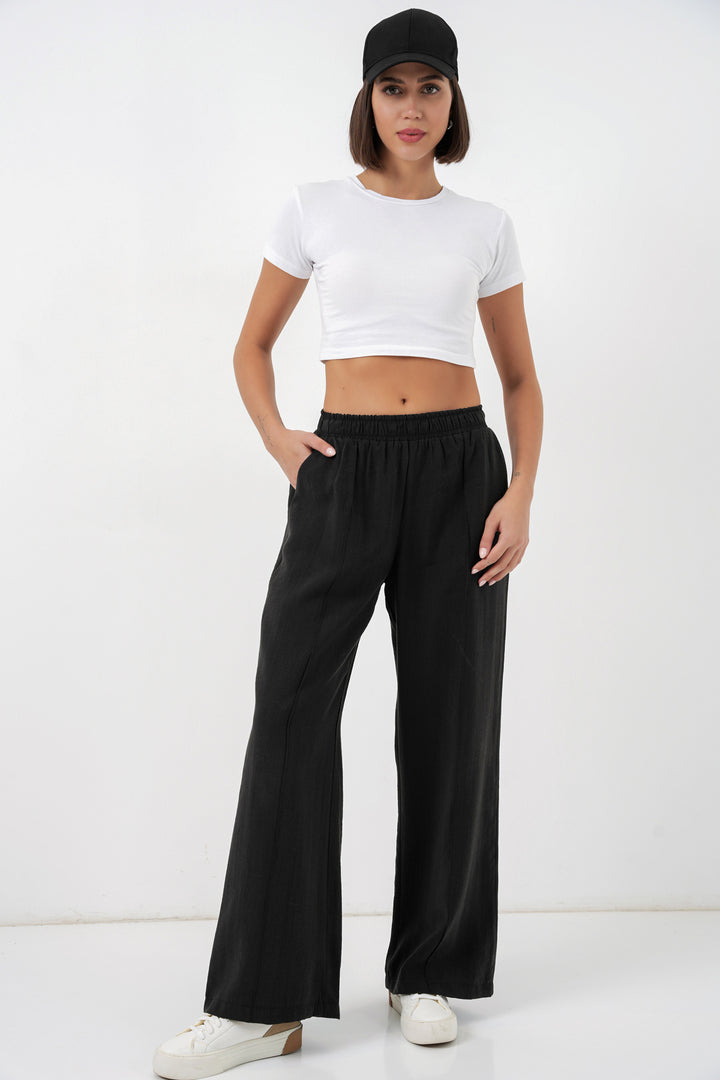 Bigdart Pantalon large à taille élastique pour femme 30087 - Noir