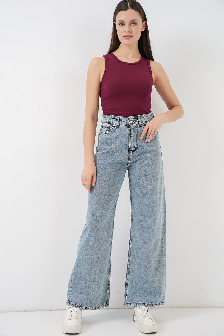 Bigdart Pantalon Palazzo en Jean Femme Taille Haute à Jambes Amples 6656 - Bleu clair