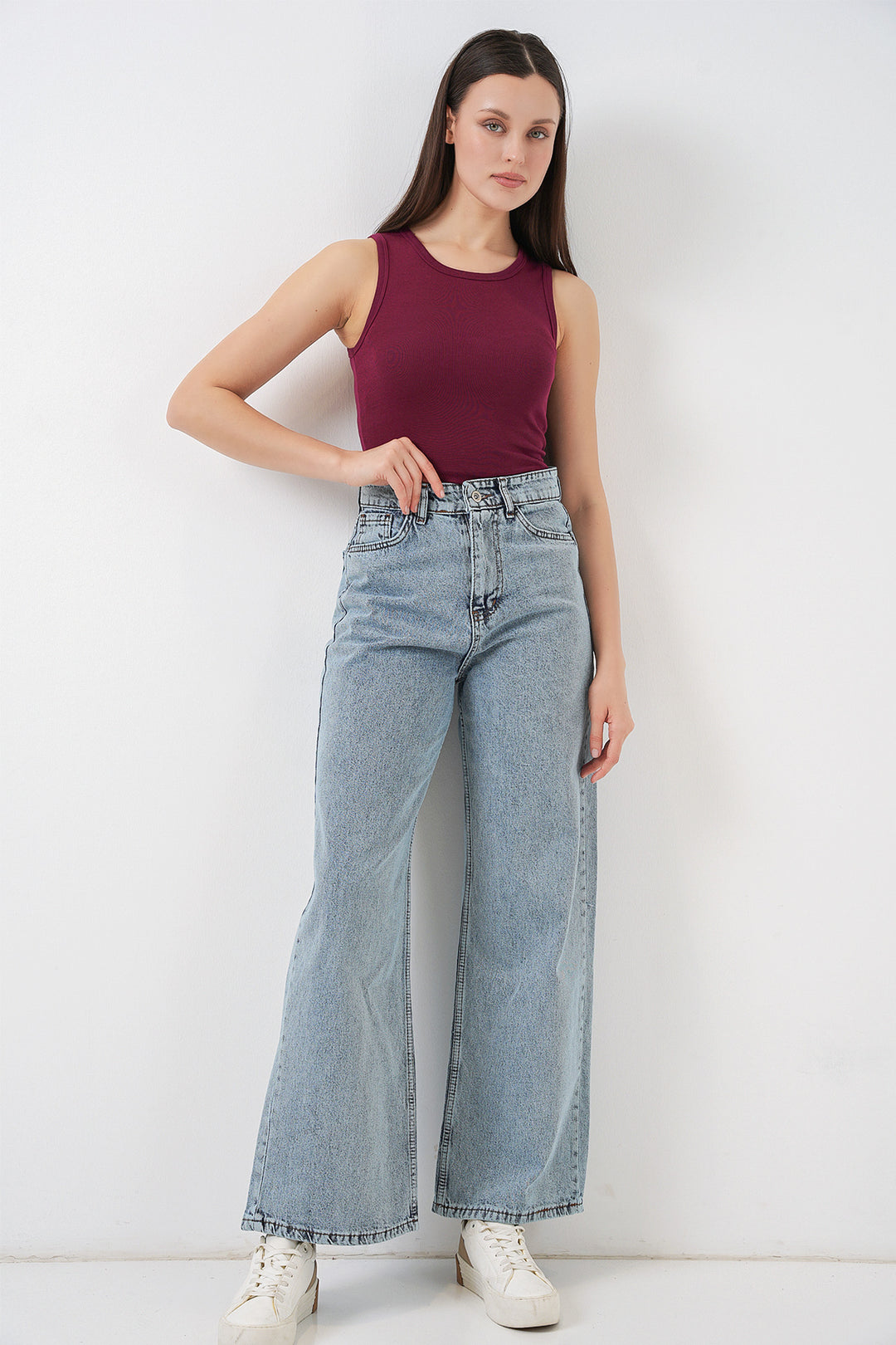 Bigdart Pantalon Palazzo en Jean Femme Taille Haute à Jambes Amples 6656 - Bleu clair