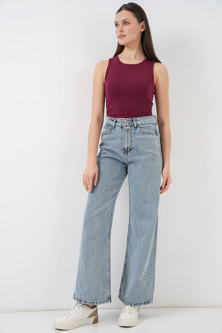 Bigdart Pantalon Palazzo en Jean Femme Taille Haute à Jambes Amples 6656 - Bleu clair