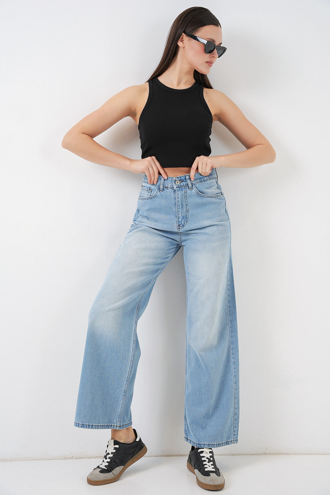 Bigdart Pantalon palazzo taille haute large en denim pour femme 6656 - açik Bleu