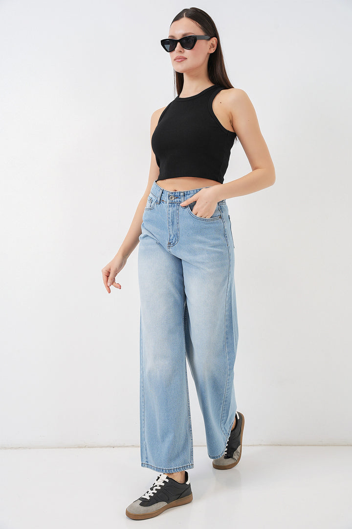 Bigdart Pantalon Palazzo en Jean Femme Taille Haute à Jambes Amples 6656 - Bleu clair