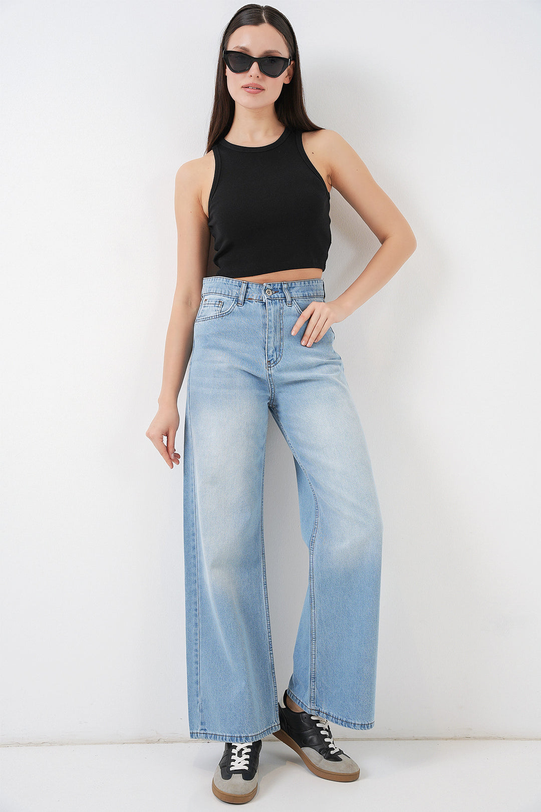 Bigdart Pantalon palazzo taille haute large en denim pour femme 6656 - açik Bleu