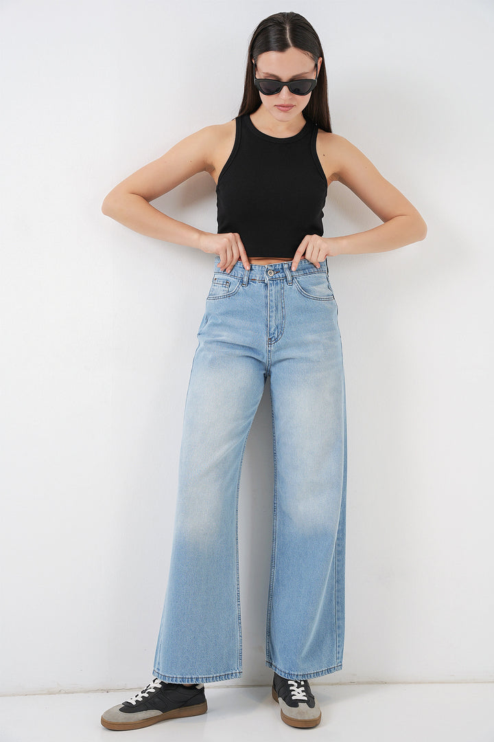 Bigdart Pantalon palazzo taille haute large en denim pour femme 6656 - açik Bleu