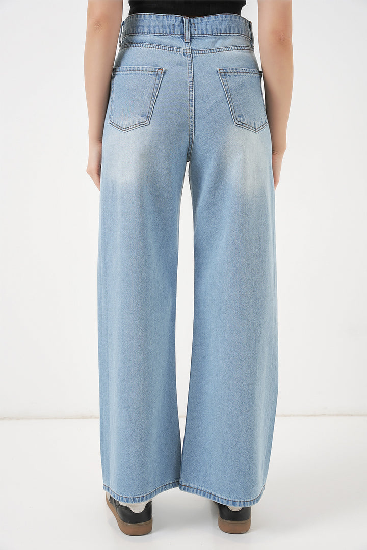 Bigdart Pantalon palazzo taille haute large en denim pour femme 6656 - açik Bleu