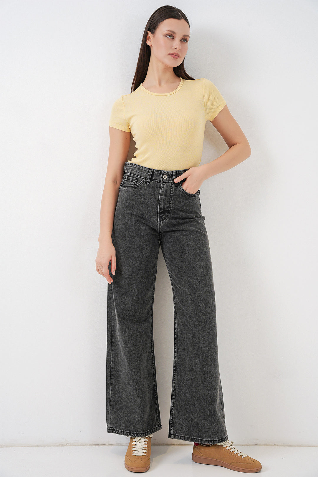 Bigdart Pantalon palazzo taille haute large en denim pour femme 6656 - Anthracite