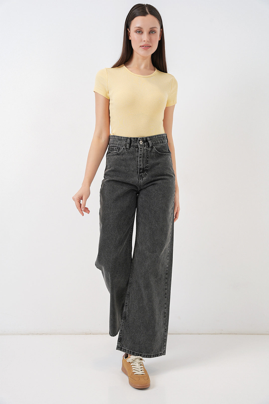 Bigdart Pantalon palazzo taille haute large en denim pour femme 6656 - Anthracite