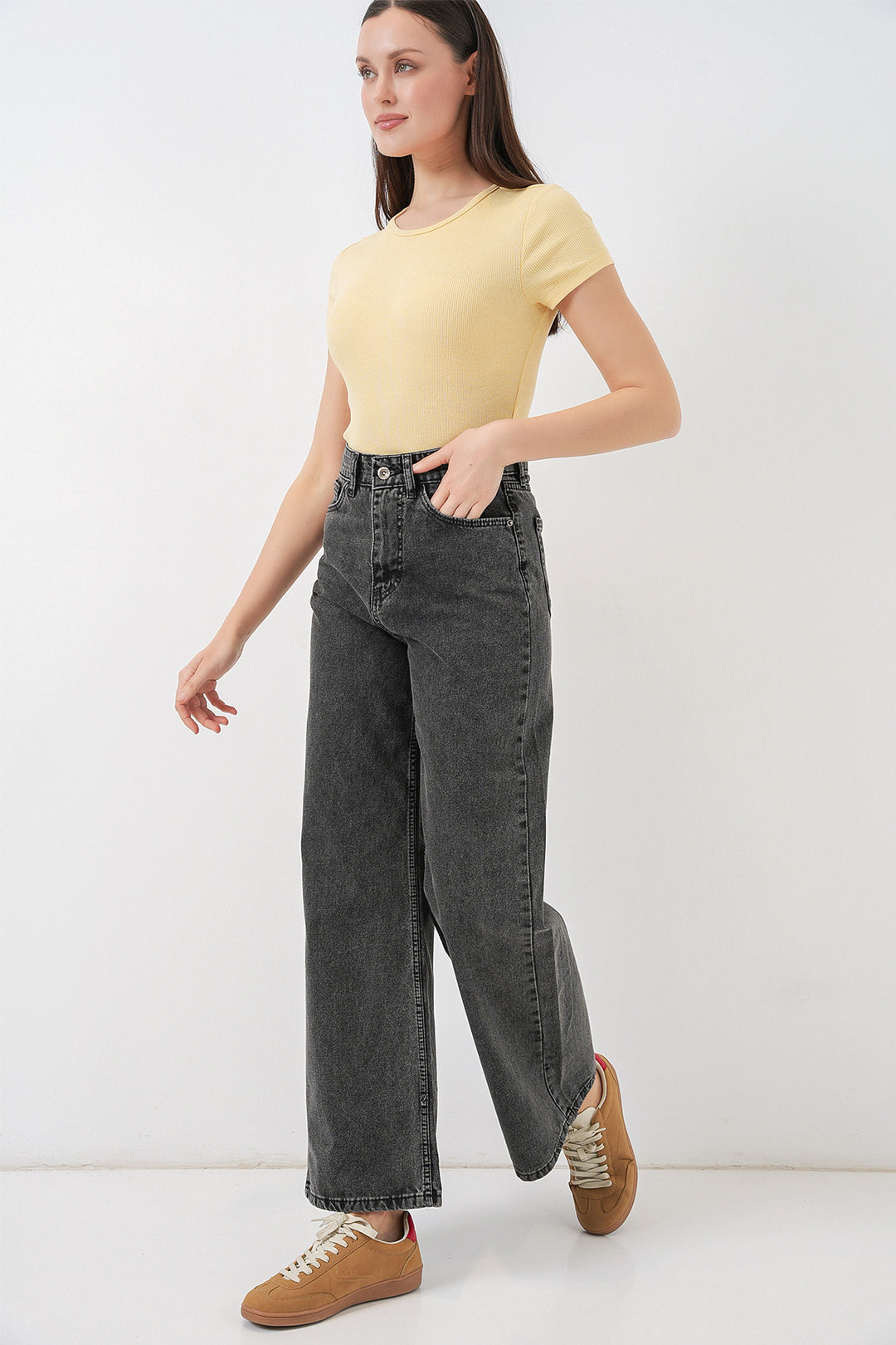 Bigdart Pantalon palazzo taille haute large en denim pour femme 6656 - Anthracite