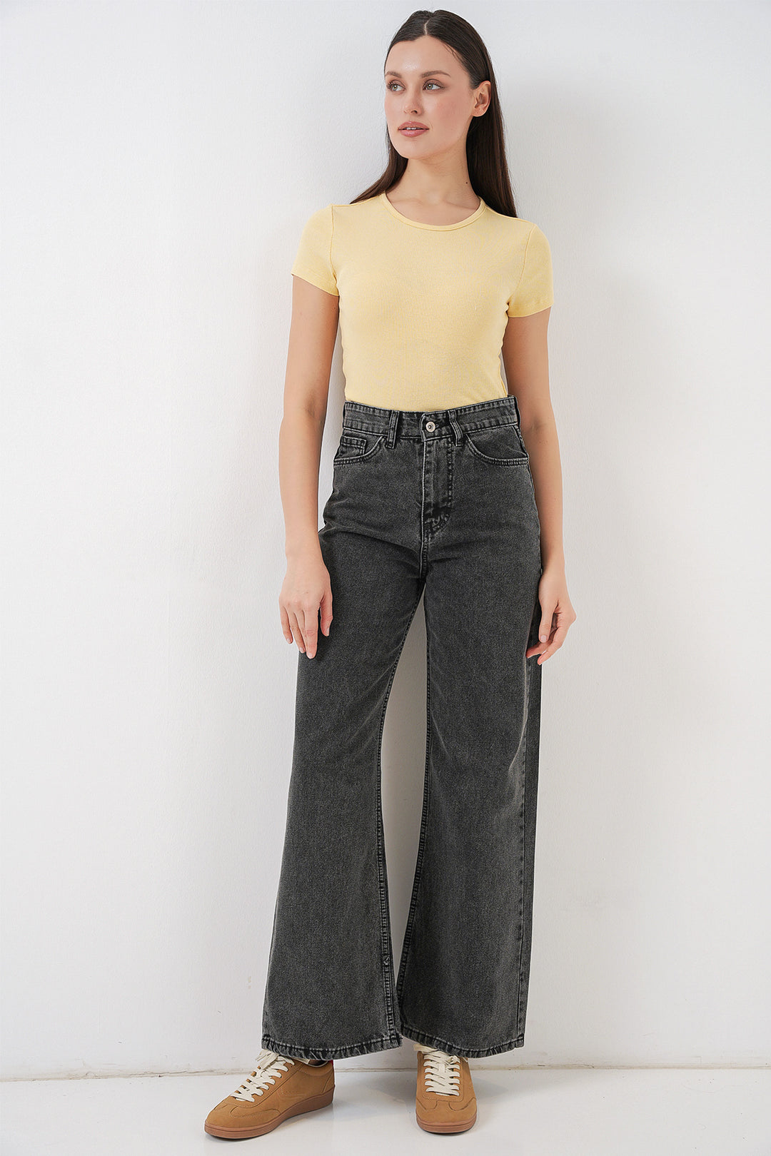 Bigdart Pantalon palazzo taille haute large en denim pour femme 6656 - Anthracite