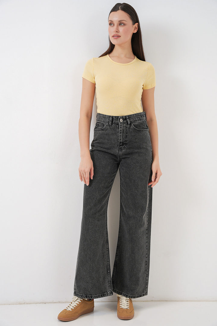 Bigdart Pantalon palazzo taille haute large en denim pour femme 6656 - Anthracite