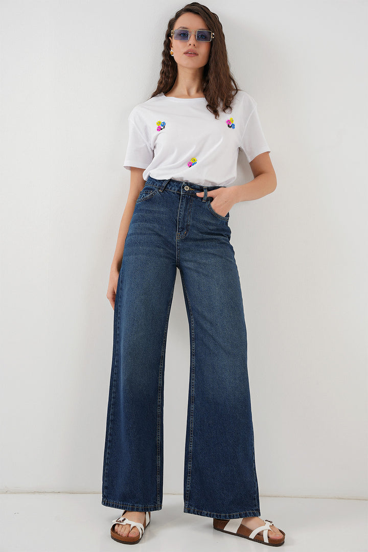 Bigdart Pantalon palazzo taille haute large en jean pour femme 6656 - b.Bleu marine