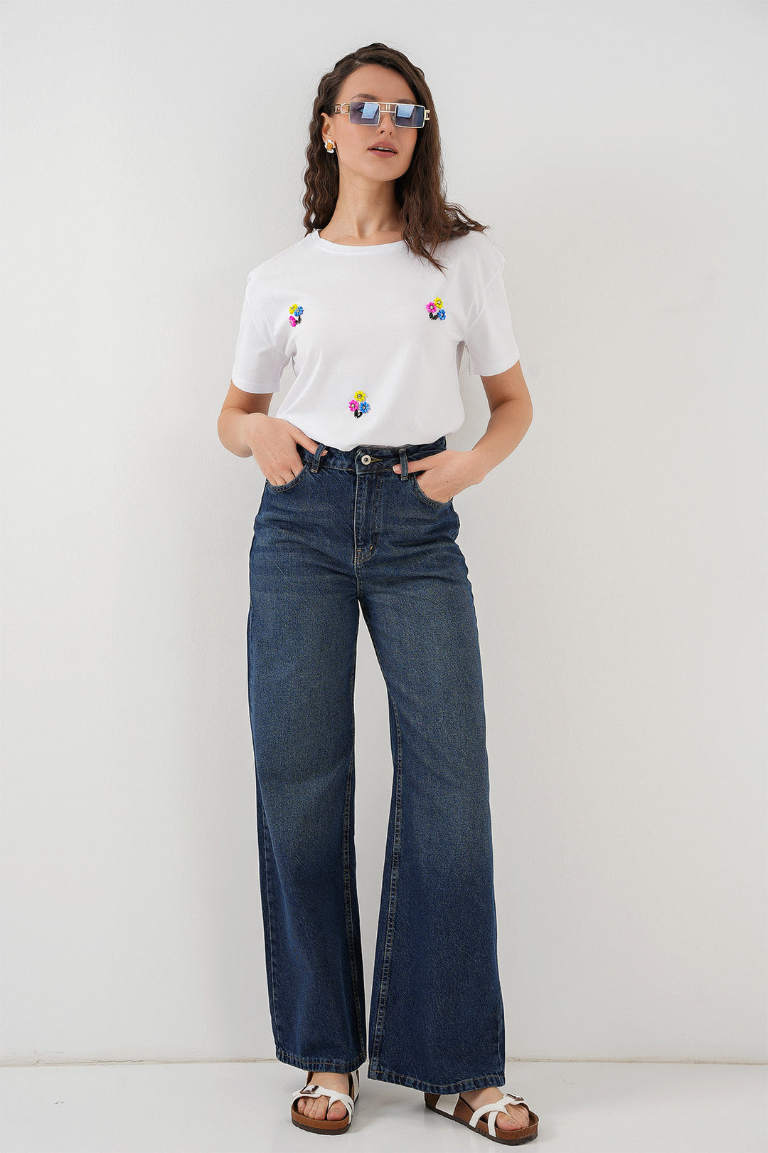 Bigdart Pantalon en Jean Palazzo Taille Haute à Jambes Larges Femme 6656 - b.Bleu marine