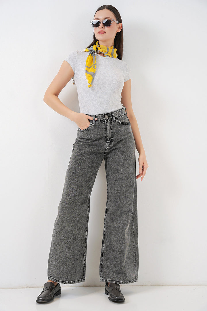 Bigdart Pantalon Palazzo en Jean Femme Taille Haute à Jambes Amples 6656 - Gris