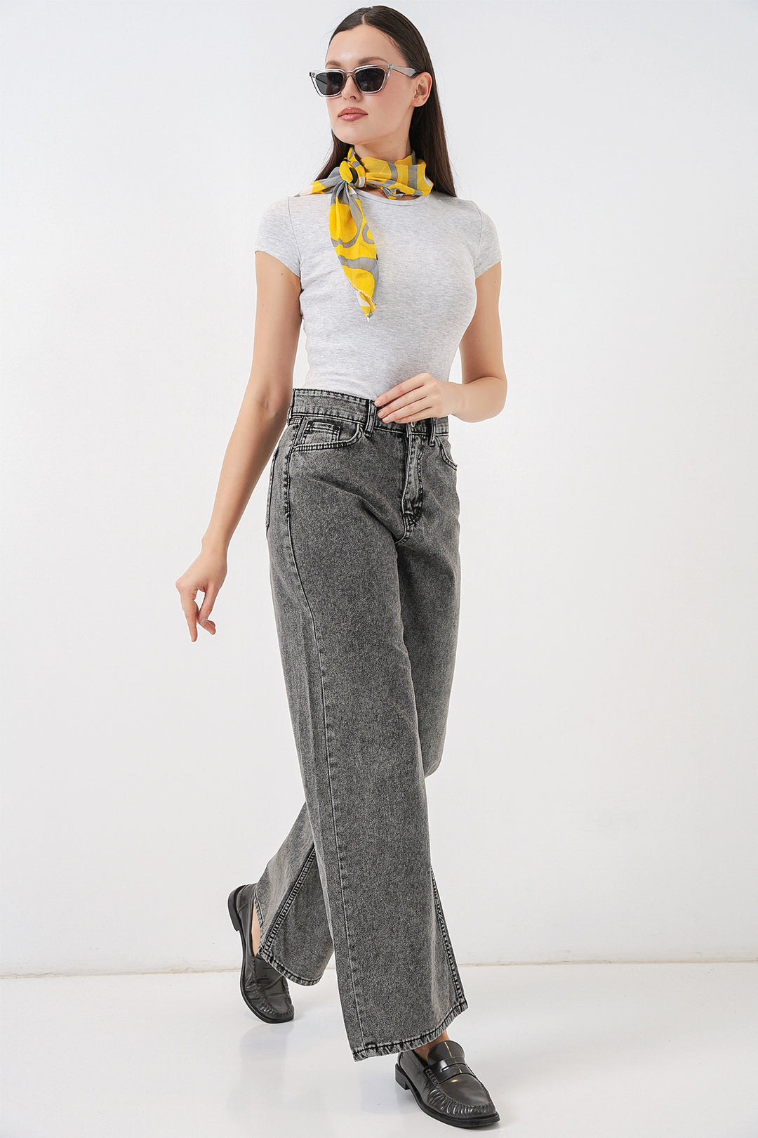 Bigdart Pantalon Palazzo en Jean Femme Taille Haute à Jambes Amples 6656 - Gris