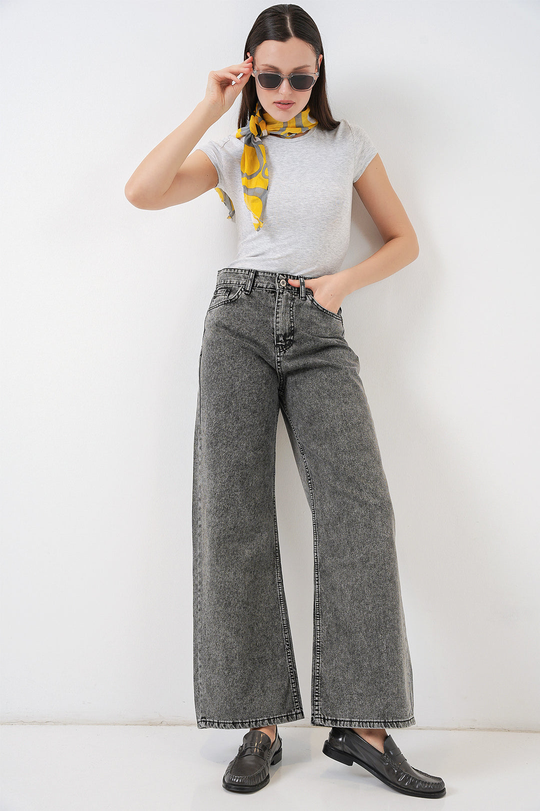 Bigdart Pantalon Palazzo en Jean Femme Taille Haute à Jambes Amples 6656 - Gris