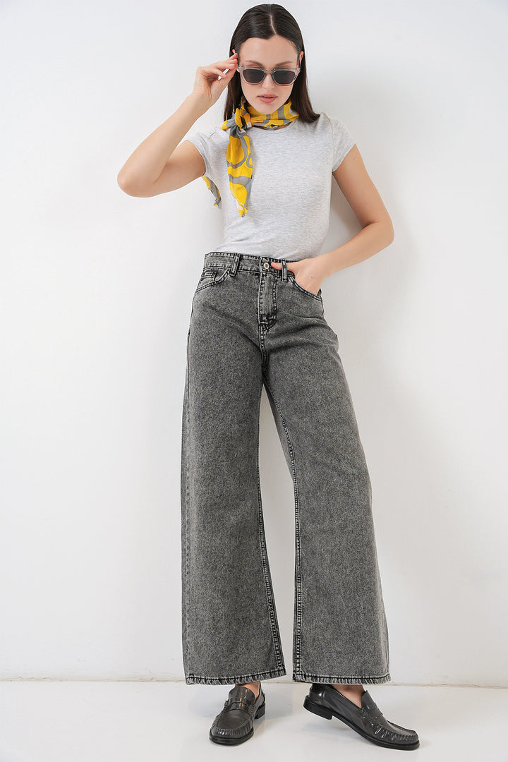 Bigdart Pantalon Palazzo en Jean Femme Taille Haute à Jambes Amples 6656 - Gris