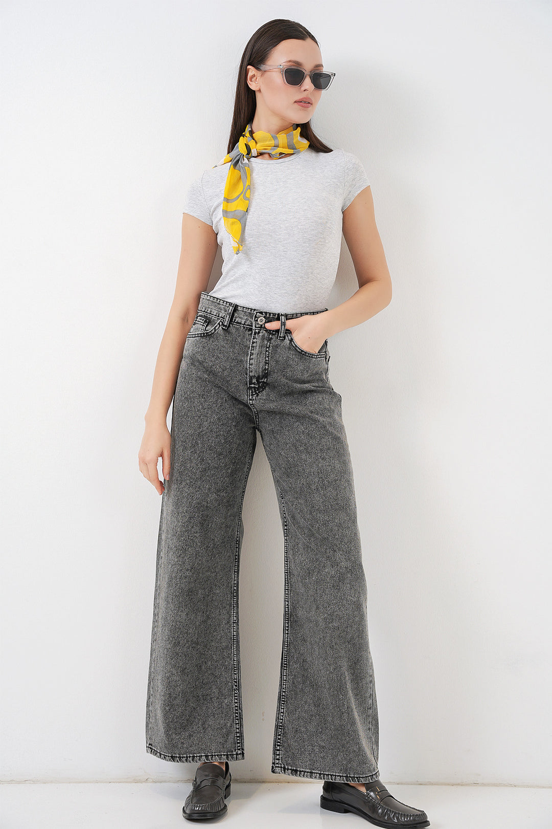 Bigdart Pantalon Palazzo en Jean Femme Taille Haute à Jambes Amples 6656 - Gris