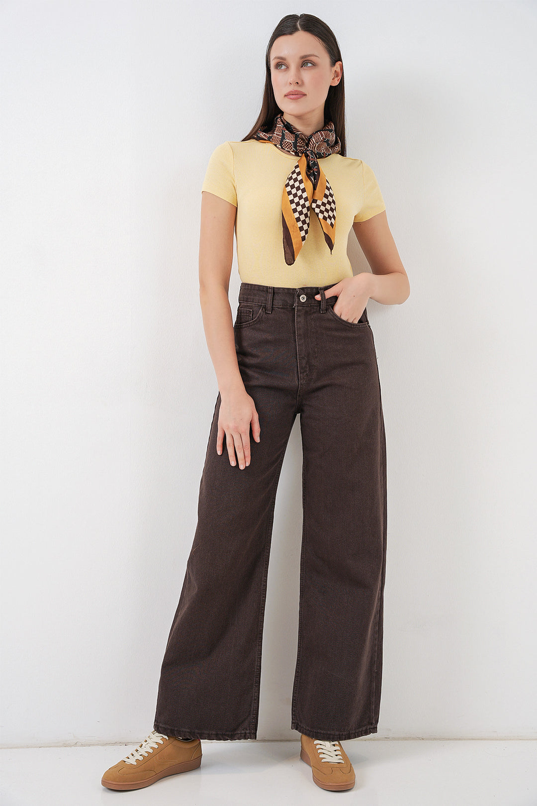 Bigdart Pantalon Palazzo en Jean Femme Taille Haute à Jambes Amples 6656 - Marron
