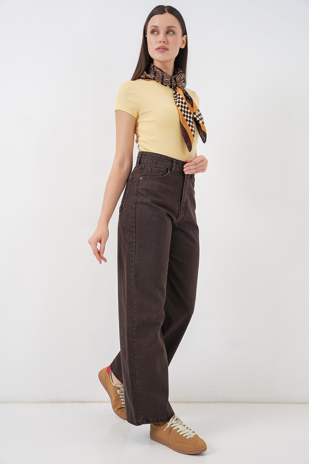 Bigdart Pantalon palazzo taille haute large en denim pour femme 6656 - Marron