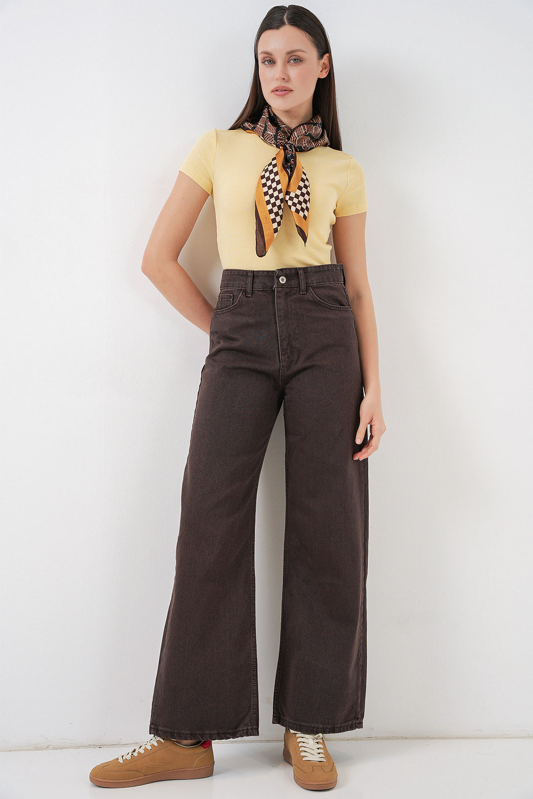 Bigdart Pantalon Palazzo en Jean Femme Taille Haute à Jambes Amples 6656 - Marron