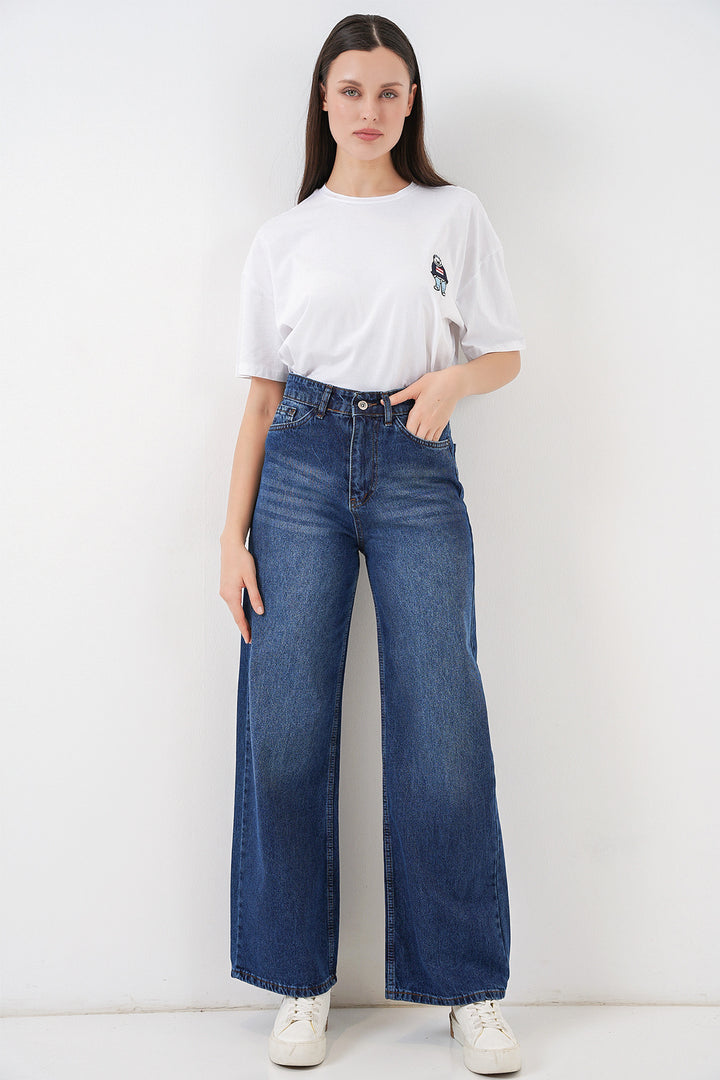Bigdart Pantalon palazzo en denim taille haute à jambes larges pour femme 6656 - Bleu marine