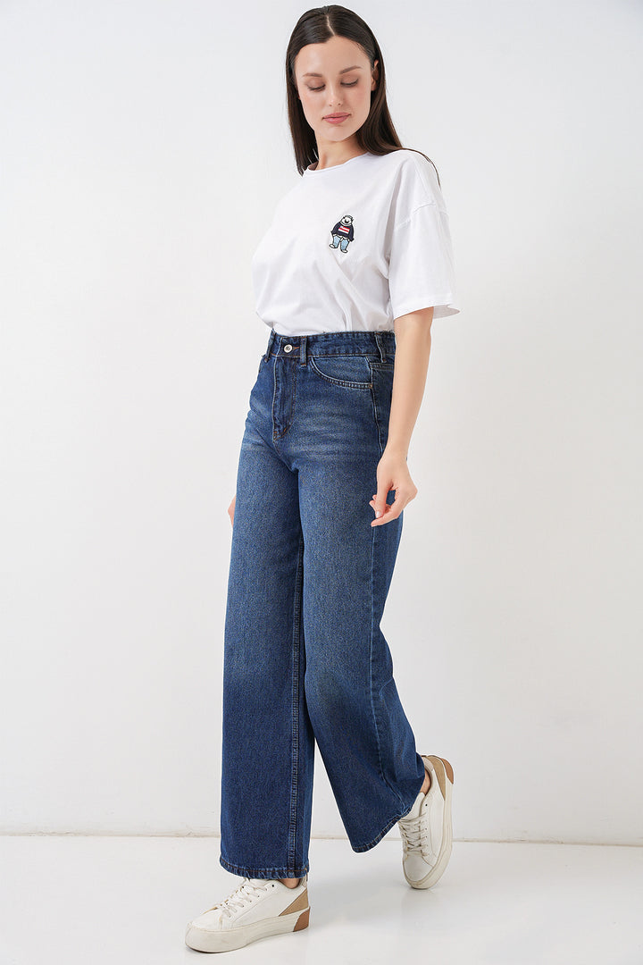 Bigdart Pantalon palazzo en denim taille haute pour femme 6656 - Bleu marine