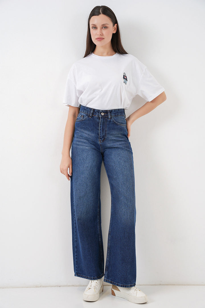 Bigdart Pantalon palazzo en denim taille haute pour femme 6656 - Bleu marine