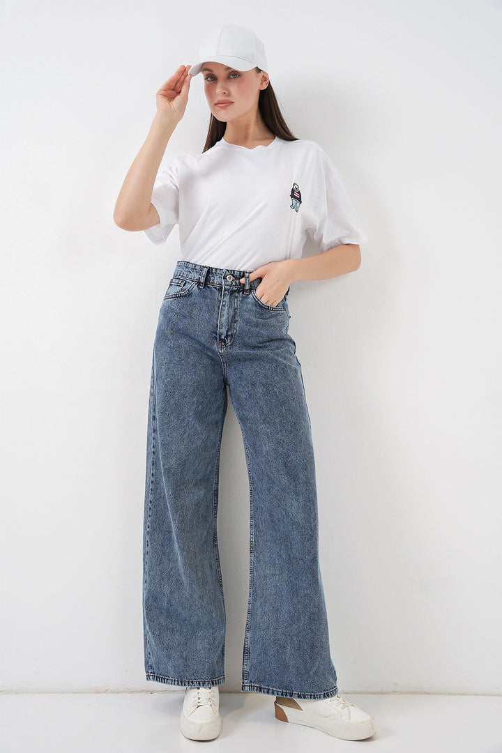 Bigdart Pantalon palazzo en denim taille haute pour femme 6656 - Bleu