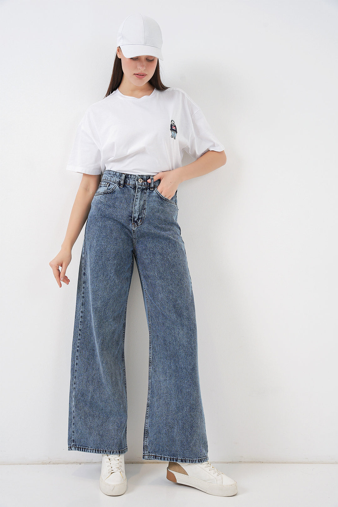 Bigdart Pantalon palazzo en denim taille haute pour femme 6656 - Bleu