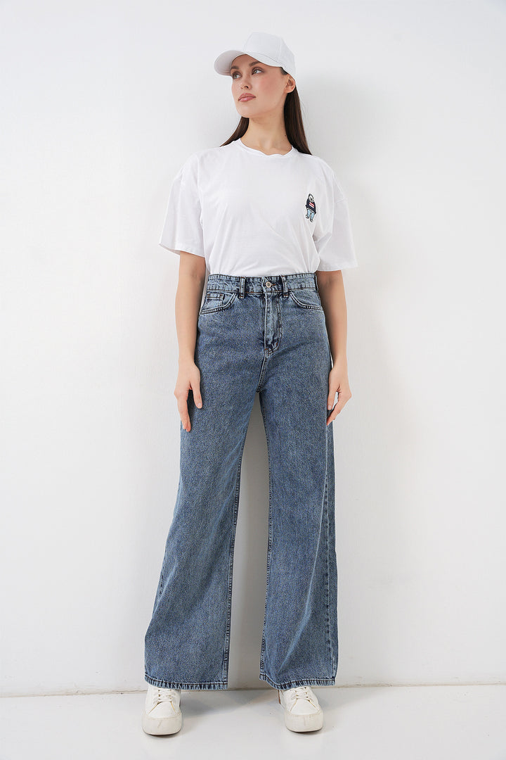Bigdart Pantalon palazzo en denim taille haute pour femme 6656 - Bleu
