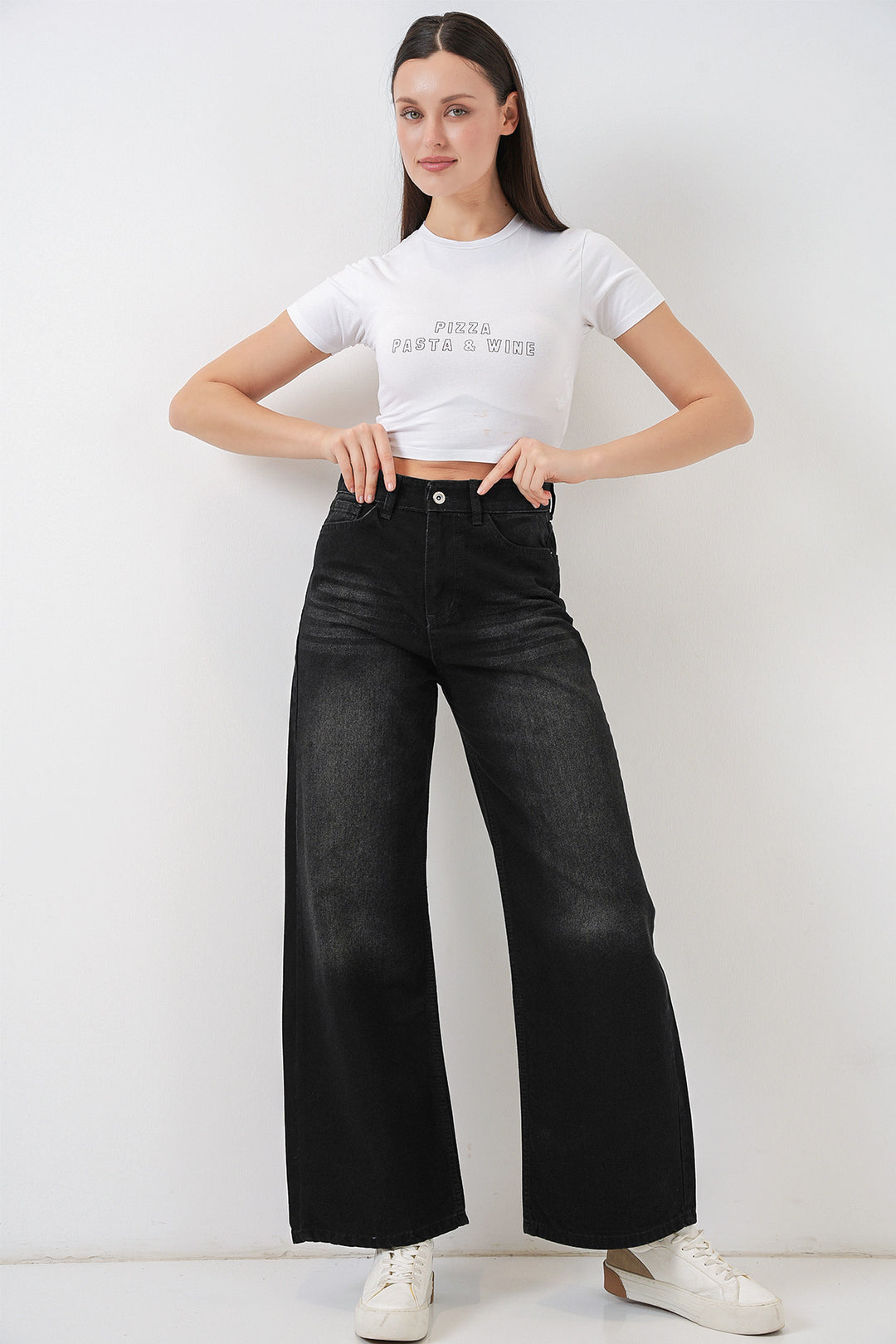 Bigdart Pantalon en jean palazzo taille haute femme 6656 - Noir