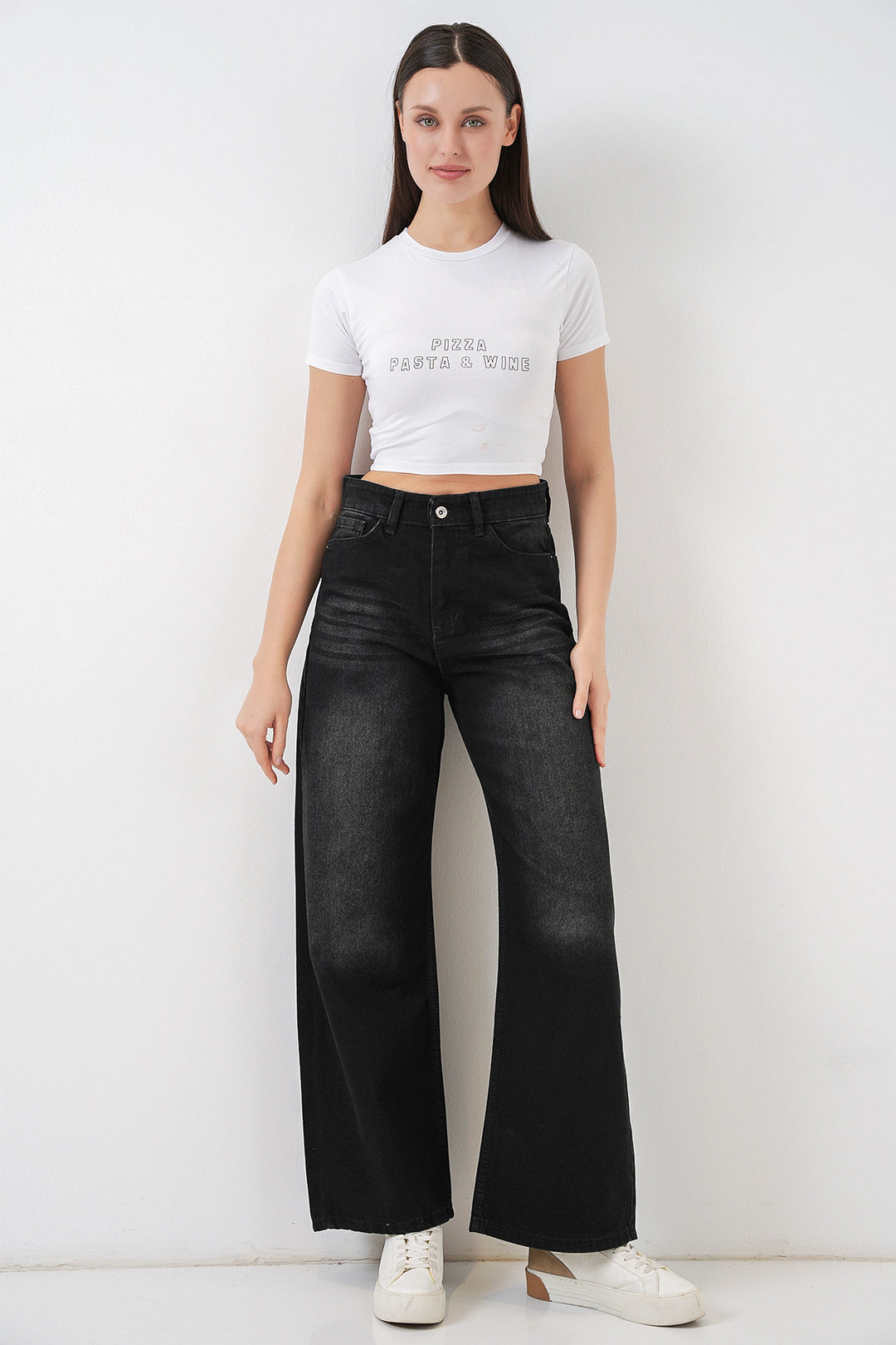 Bigdart Pantalon en jean palazzo taille haute femme 6656 - Noir