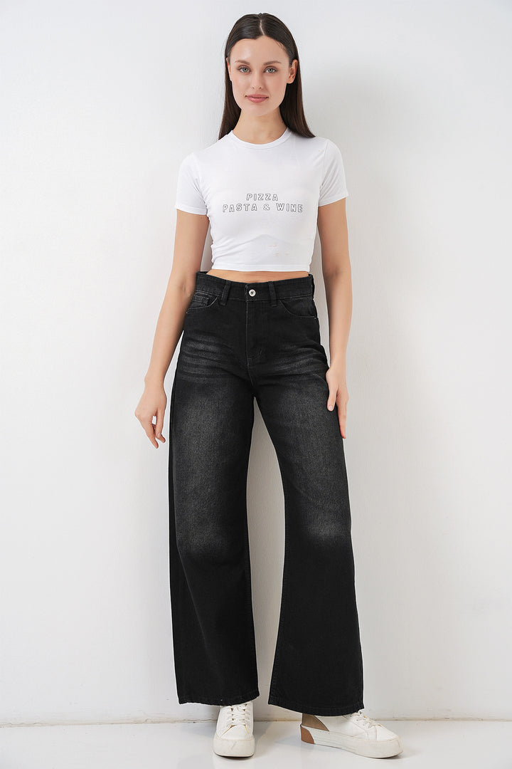 Bigdart Pantalon en jean palazzo taille haute femme 6656 - Noir