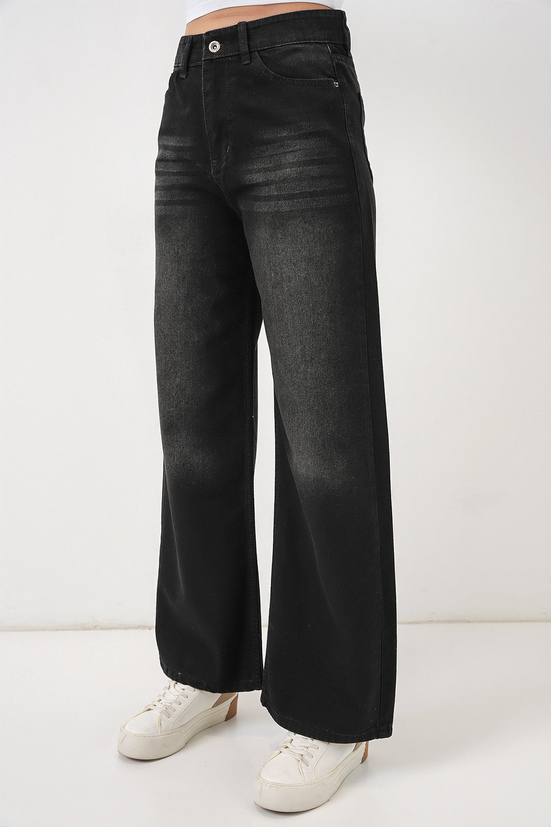 Bigdart Pantalon en jean palazzo taille haute femme 6656 - Noir