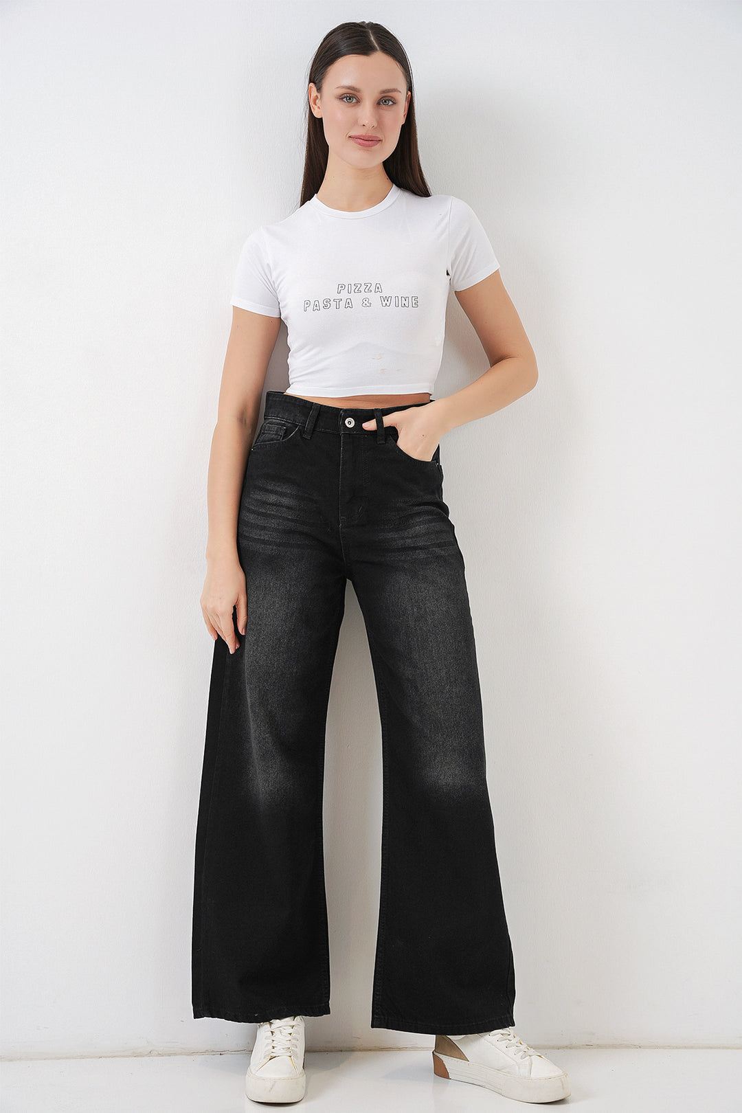 Bigdart Pantalon en jean palazzo taille haute femme 6656 - Noir