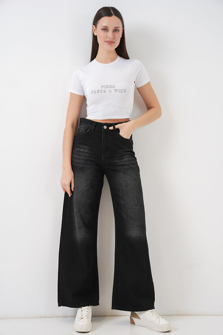 Bigdart Pantalon en jean palazzo taille haute femme 6656 - Noir