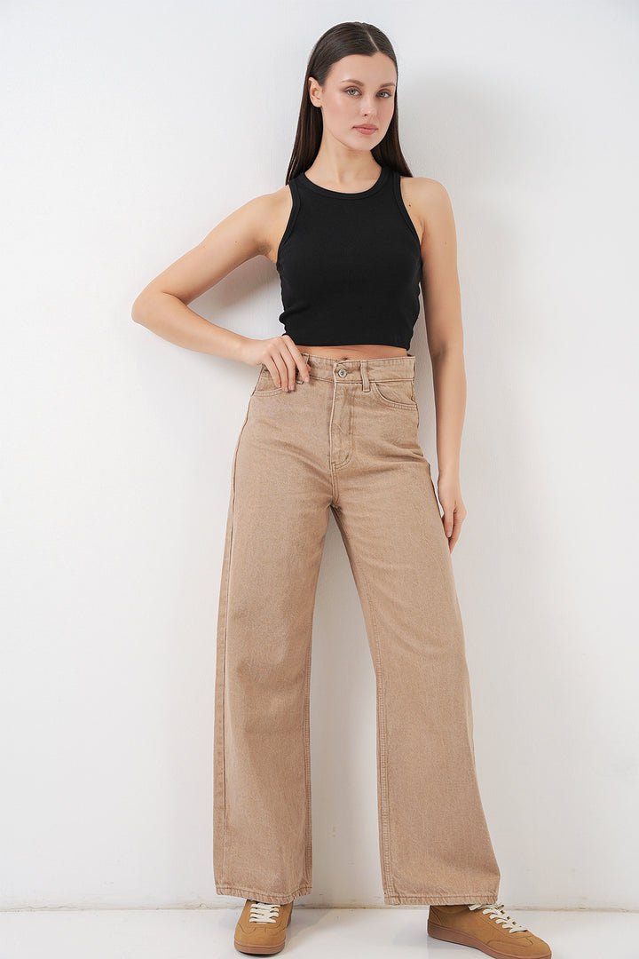 Bigdart Pantalon Palazzo en Jean Femme Taille Haute à Jambes Amples 6656 - Beige