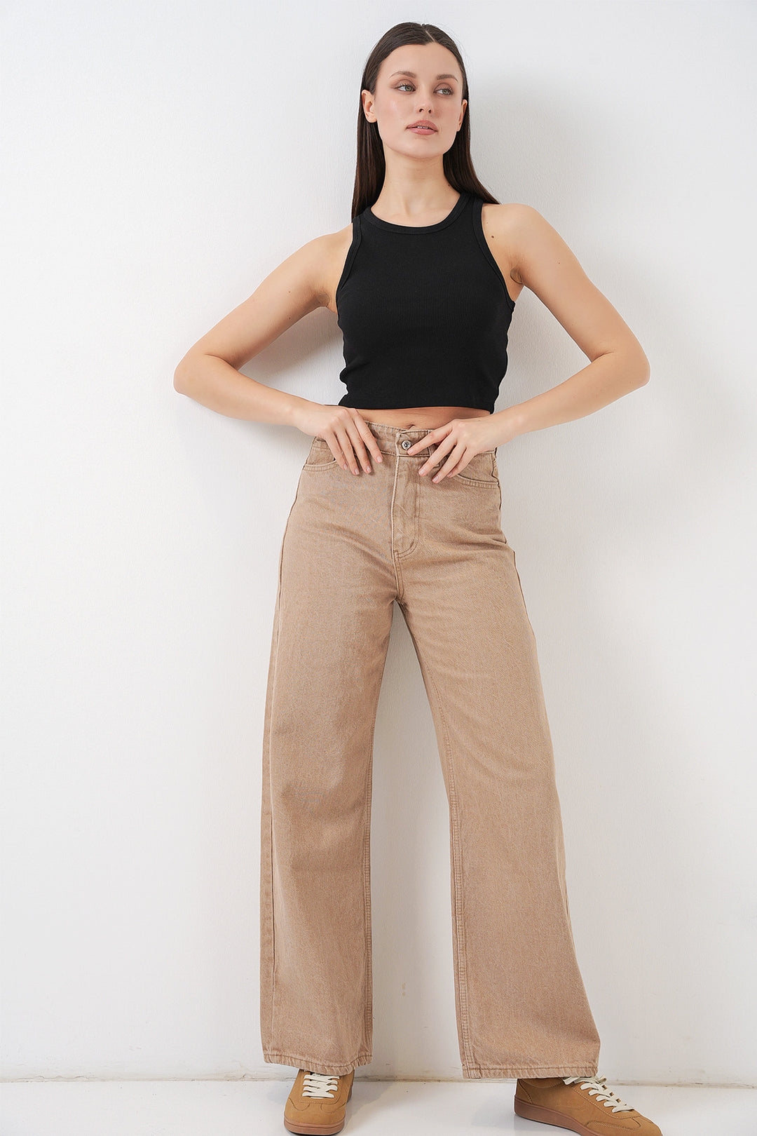 Bigdart Pantalon Palazzo en Jean Femme Taille Haute à Jambes Amples 6656 - Vison